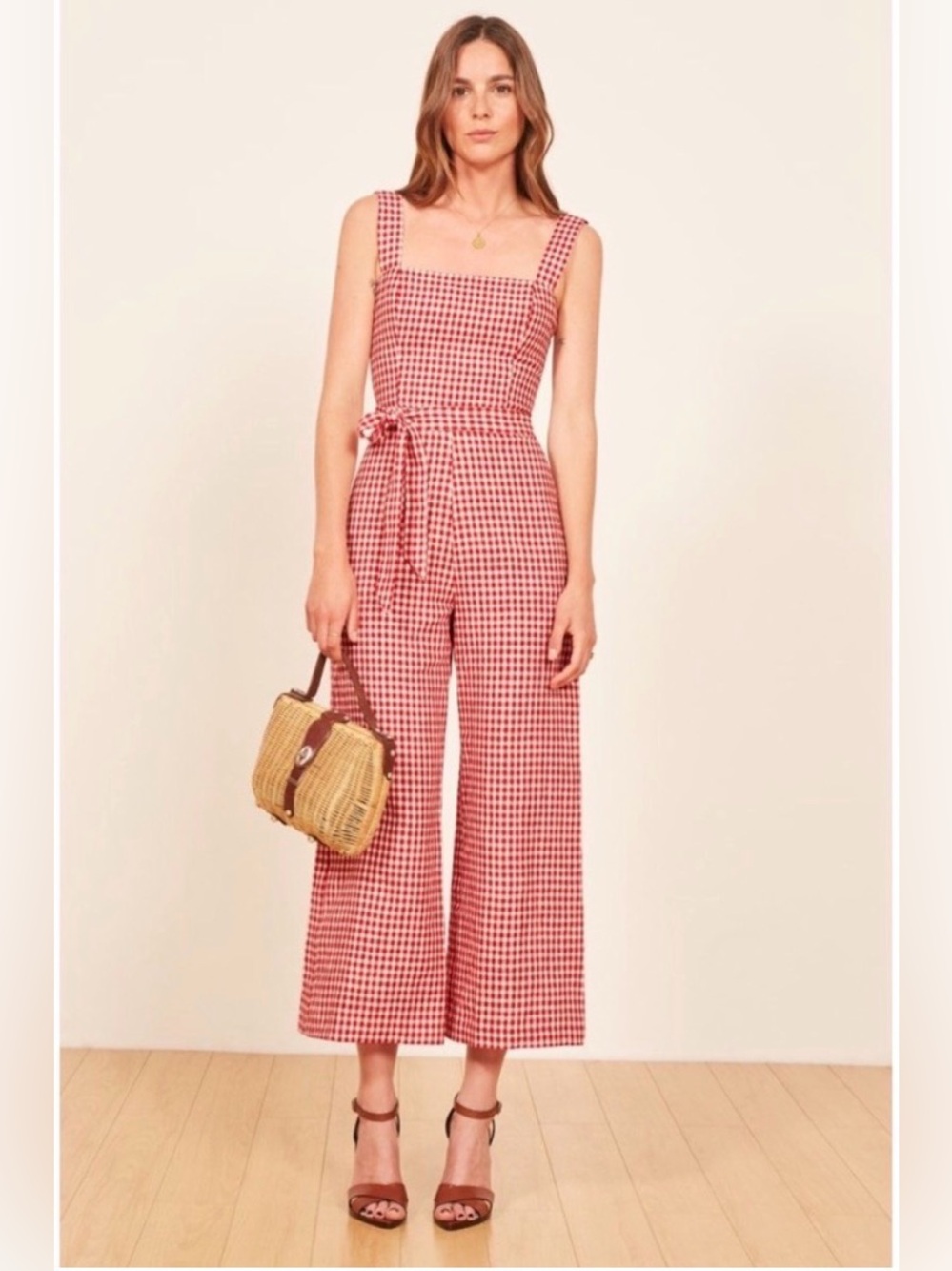 Reformation Birch Jumpsuit in Red May Check 100% Linen size 8.
